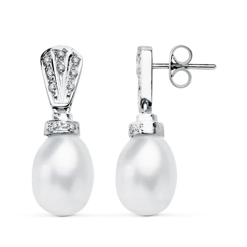 18K PENDIENTES ORO BLANCO PERLA 26X9 MM CIERRE PRESION