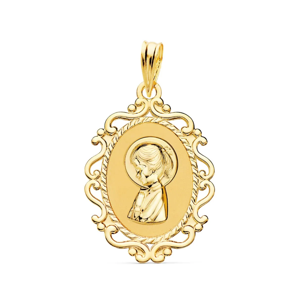 18K MEDALLA ORO AMARILLO VIRGEN NIÑA PERFIL CERCO CALADO BRILLO 23X16 MM