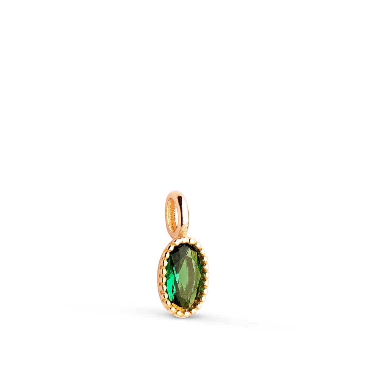 18K COLGANTE ORO AMARILLO OVAL PIEDRA VERDE BORDES BOLITAS. MEDIDA: 9 X 4MM