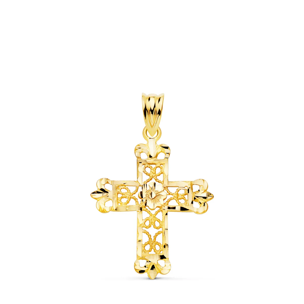 18K CRUZ ORO AMARILLO FILIGRANA BORDES TALLADOS. 27X22 MM