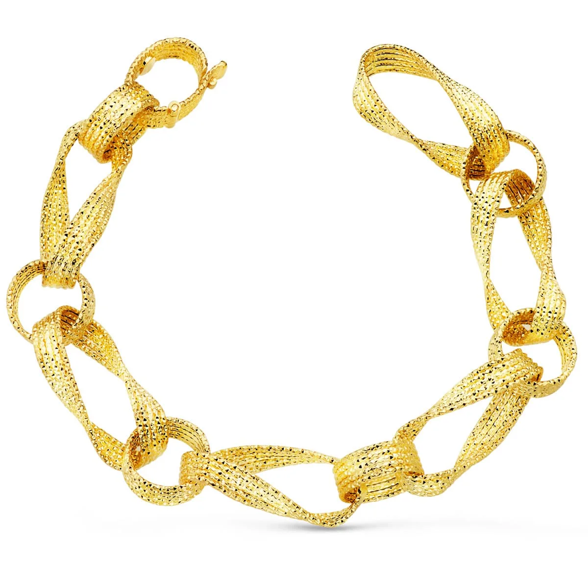 18K PULSERA ORO AMARILLO ESLABONES HUECOS ANCHO 12 MM LARGO 21CM