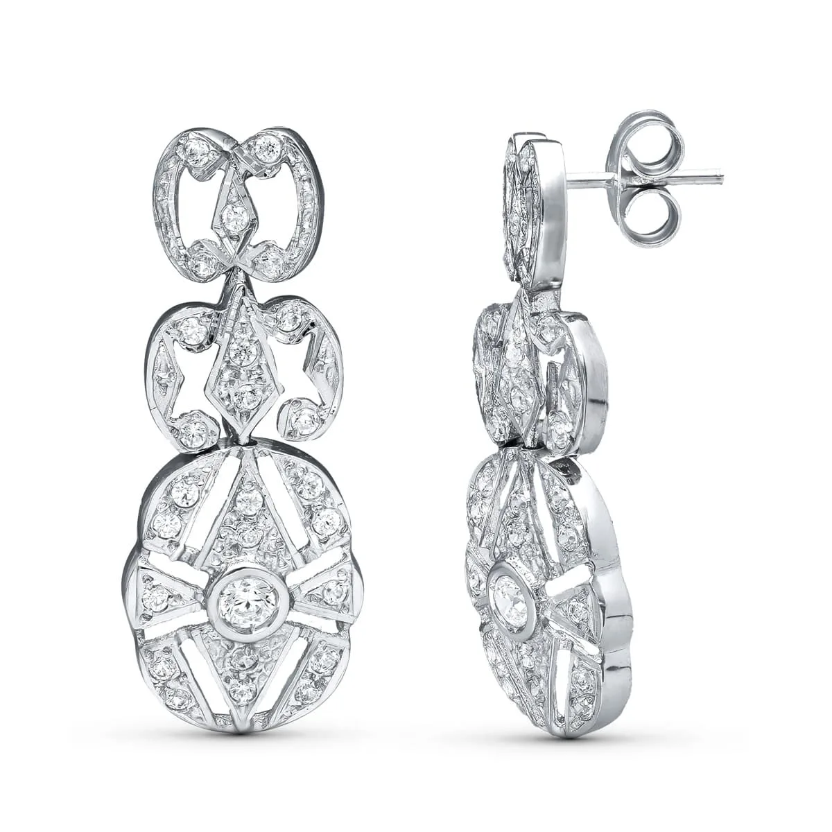 18K PENDIENTES TRES CUERPOS ORO BLANCO 30X11 MM CIERRE PRESION