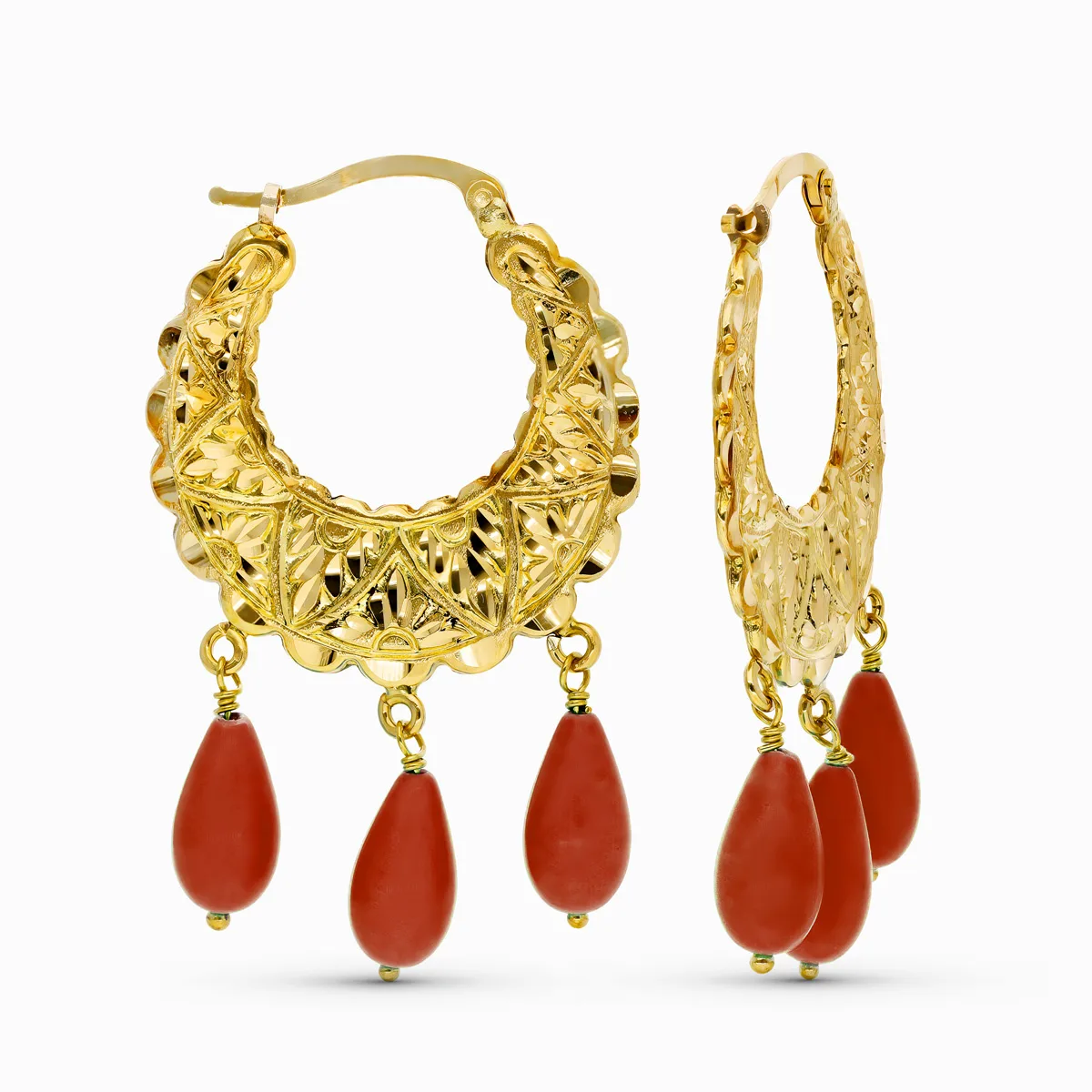 18K PENDIENTES AROS ORO AMARILLO TALLADOS LAGRIMA CORAL