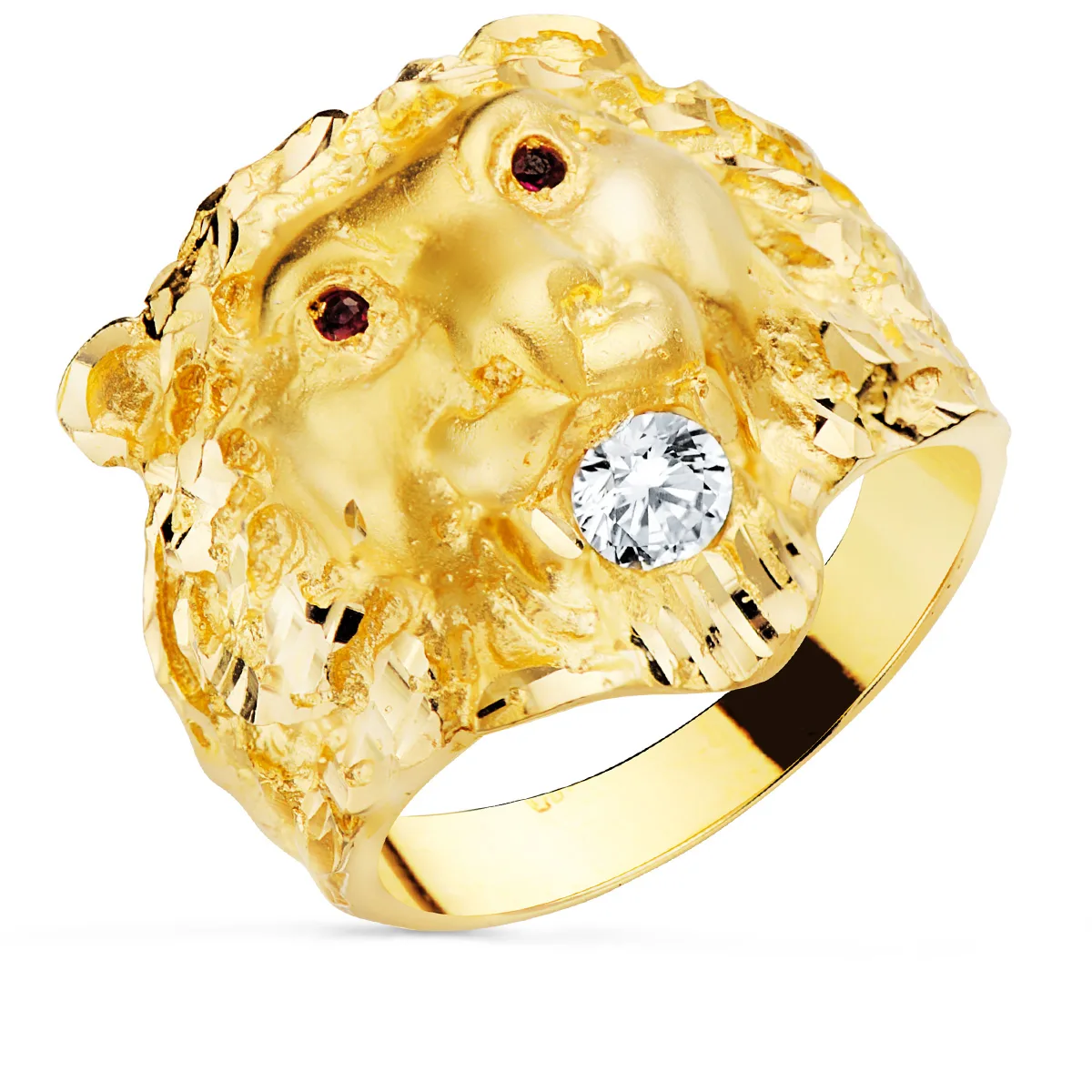 18K SELLO ORO AMARILLO CABEZA DE LEON CON CIRCONITA Y OJOS RUBI ANCHO 23 MM