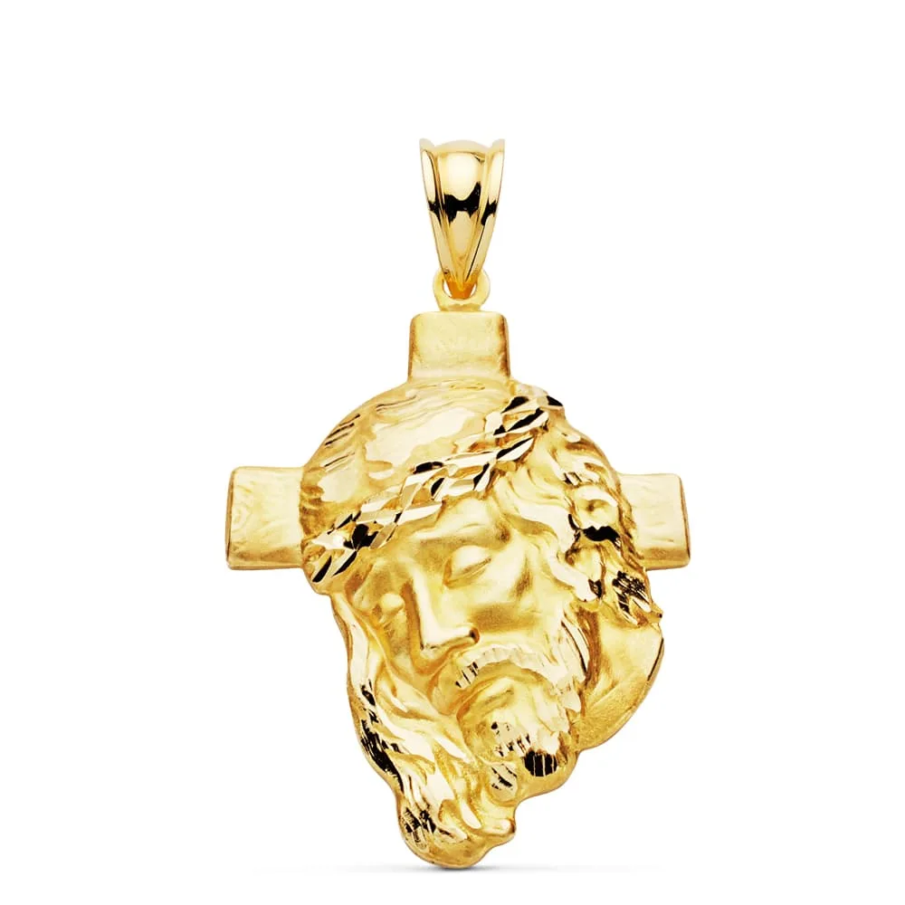 18K COLGANTE ORO AMARILLO CABEZA DE CRISTO CON CRUZ 35X25 MM
