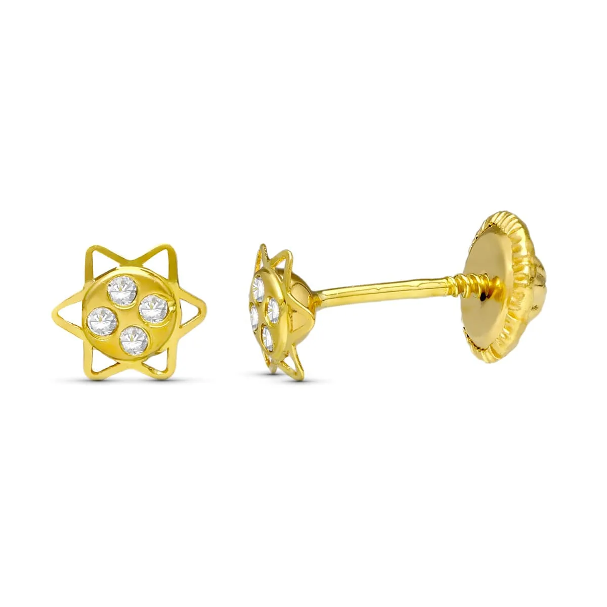 18K PENDIENTES ORO AMARILLO ESTRELLA CIRCONITA 5 MM CIERRE TUERCA