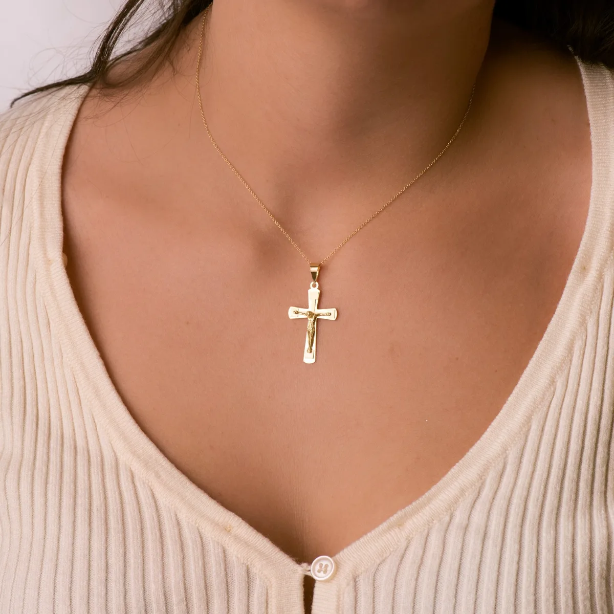 18K CRUZ ORO AMARILLO BRILLO Y MATE CON CRISTO 32X20 MM — vista 2