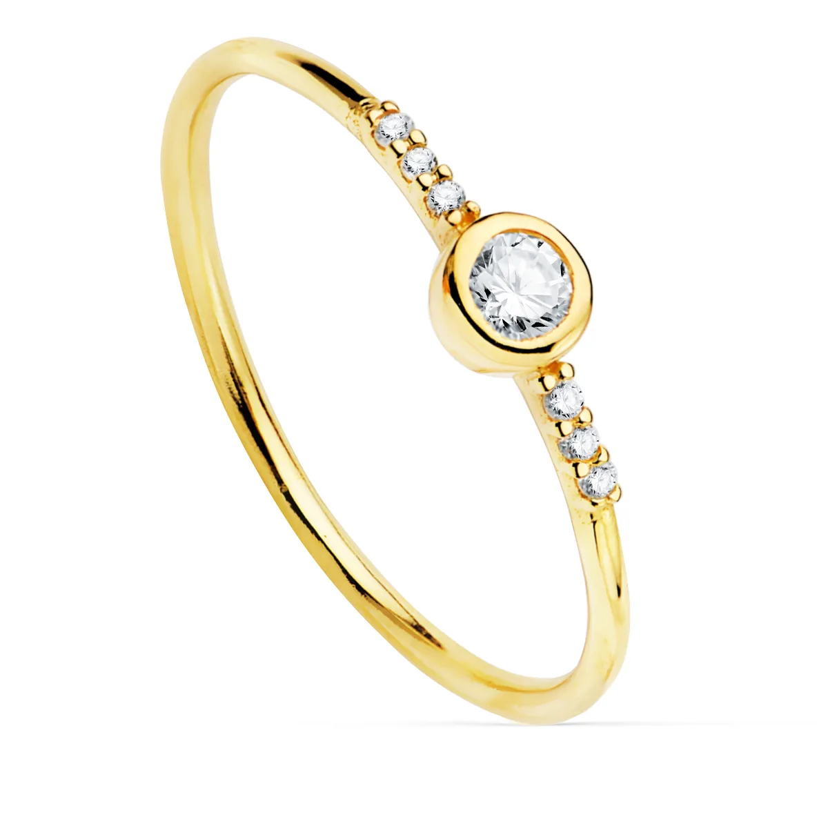 18K SORTIJA ORO AMARILLO DIAMANTES 0.140  QTS. G-VS2. DIAMANTE 3 MM Y 6 DE 1 MM