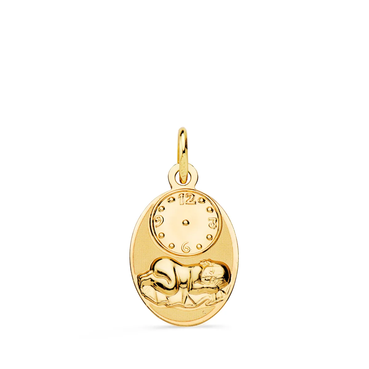 18K MEDALLA ORO AMARILLO OVAL NIÑO DE LA HORA CON RELOJ BRILLO Y MATE 19X12 MM
