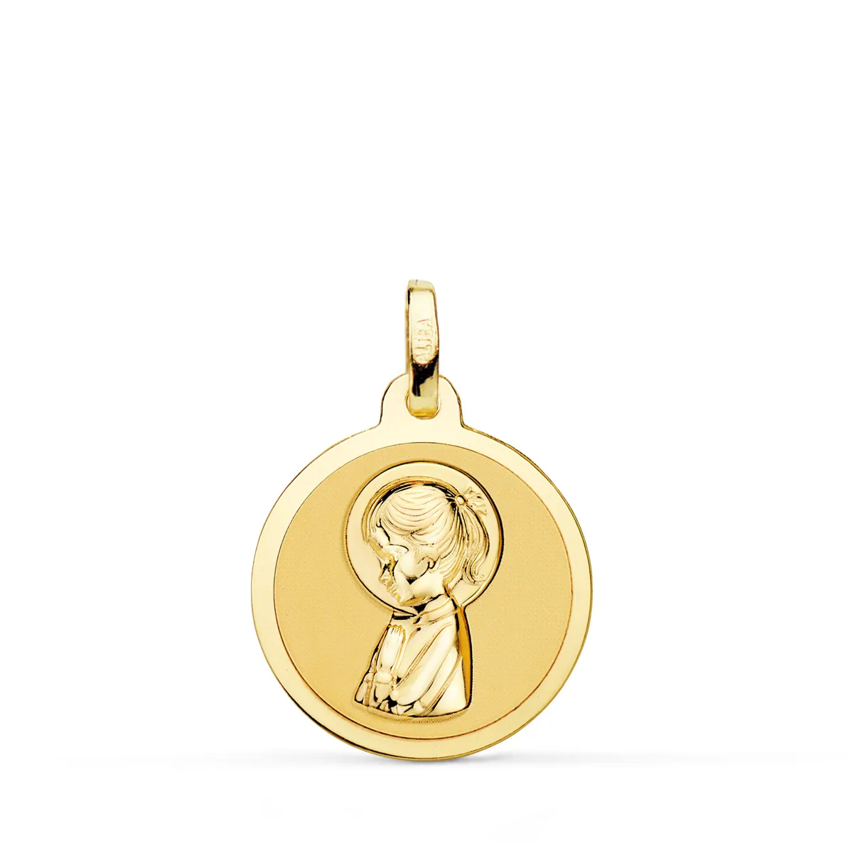 18K MEDALLA ORO AMARILLO VIRGEN REZANDO EN BRILLO 18 MM