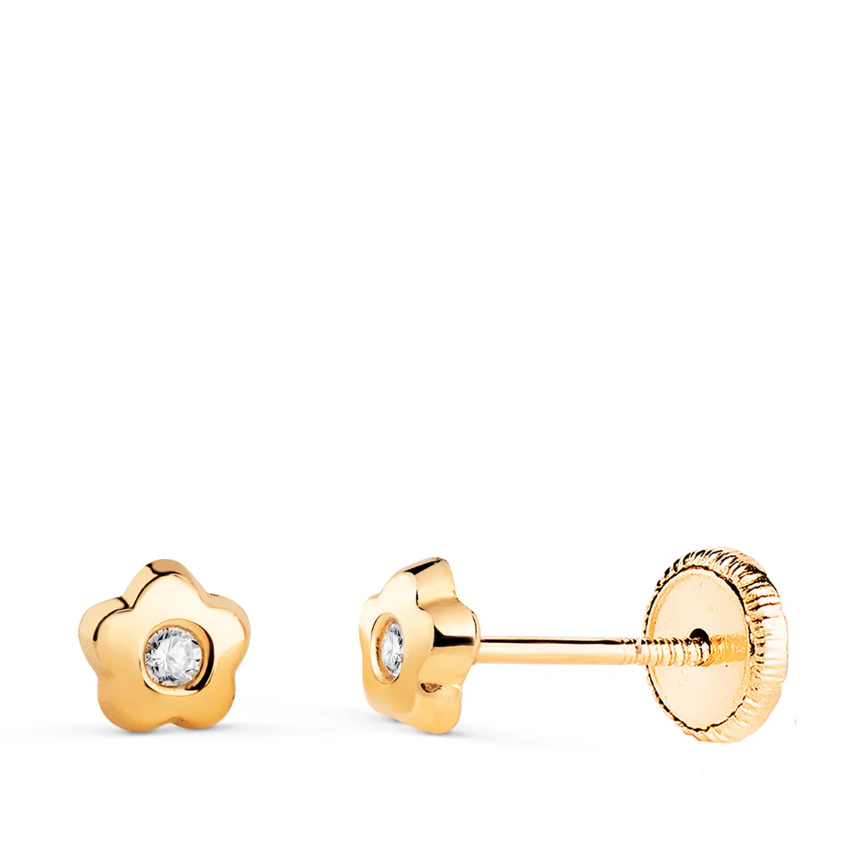 18K PENDIENTES ORO AMARILLO CHATON FLOR CON CIRCONITA. MEDIDA: 4,5 X 4,5 MM. CIERRE TUERCA