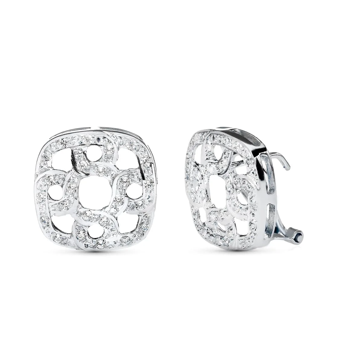 18K PENDIENTES ORO BLANCO JUEGO NOVIA 16X16 MM CIERRE OMEGA