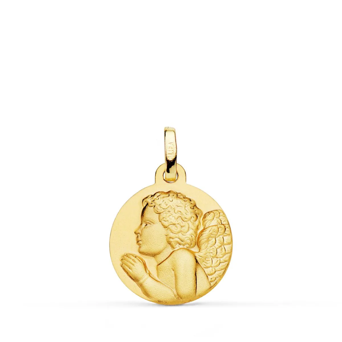 18K MEDALLA ORO AMARILLO " ANGEL NIÑO PIADOSO " REZANDO MATIZADO. 16 MM