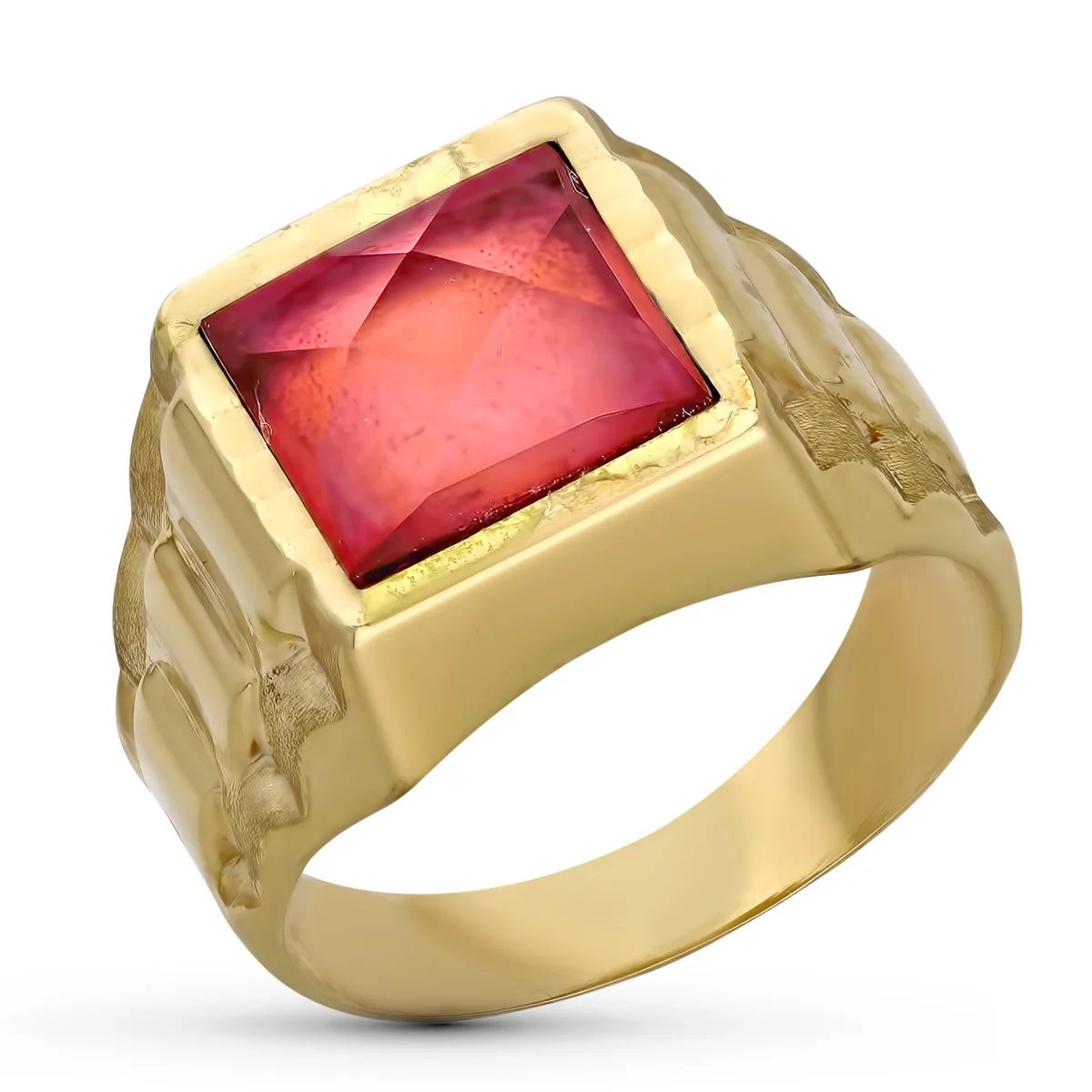 9K SELLO ORO AMARILLO HUECO CABALLERO PIEDRA ROJA 9MM