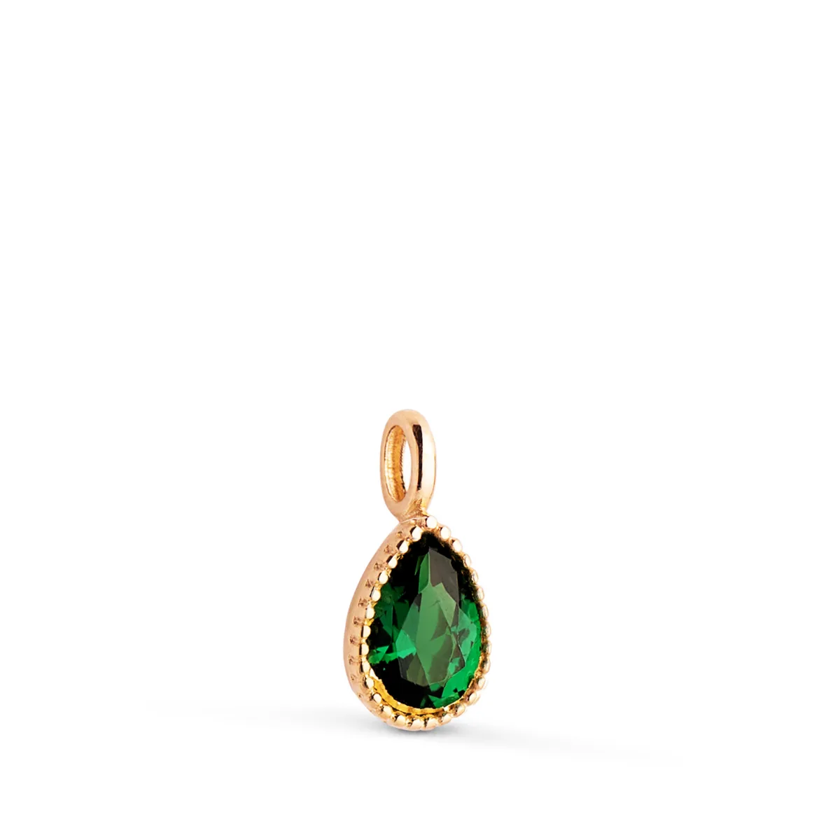 18K COLGANTE ORO AMARILLO GOTA PIEDRA VERDE BORDES BOLITAS. MEDIDA: 11 X 5MM