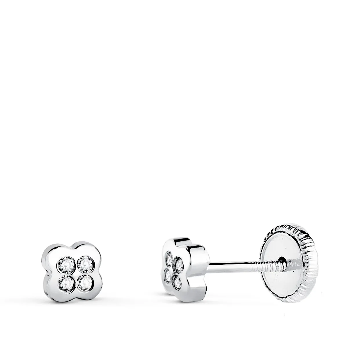 18K PENDIENTES ORO BLANCO TREBOL CON CIRCONITAS. MEDIDA: 4,5 X 4,5 MM CIERRE TUERCA