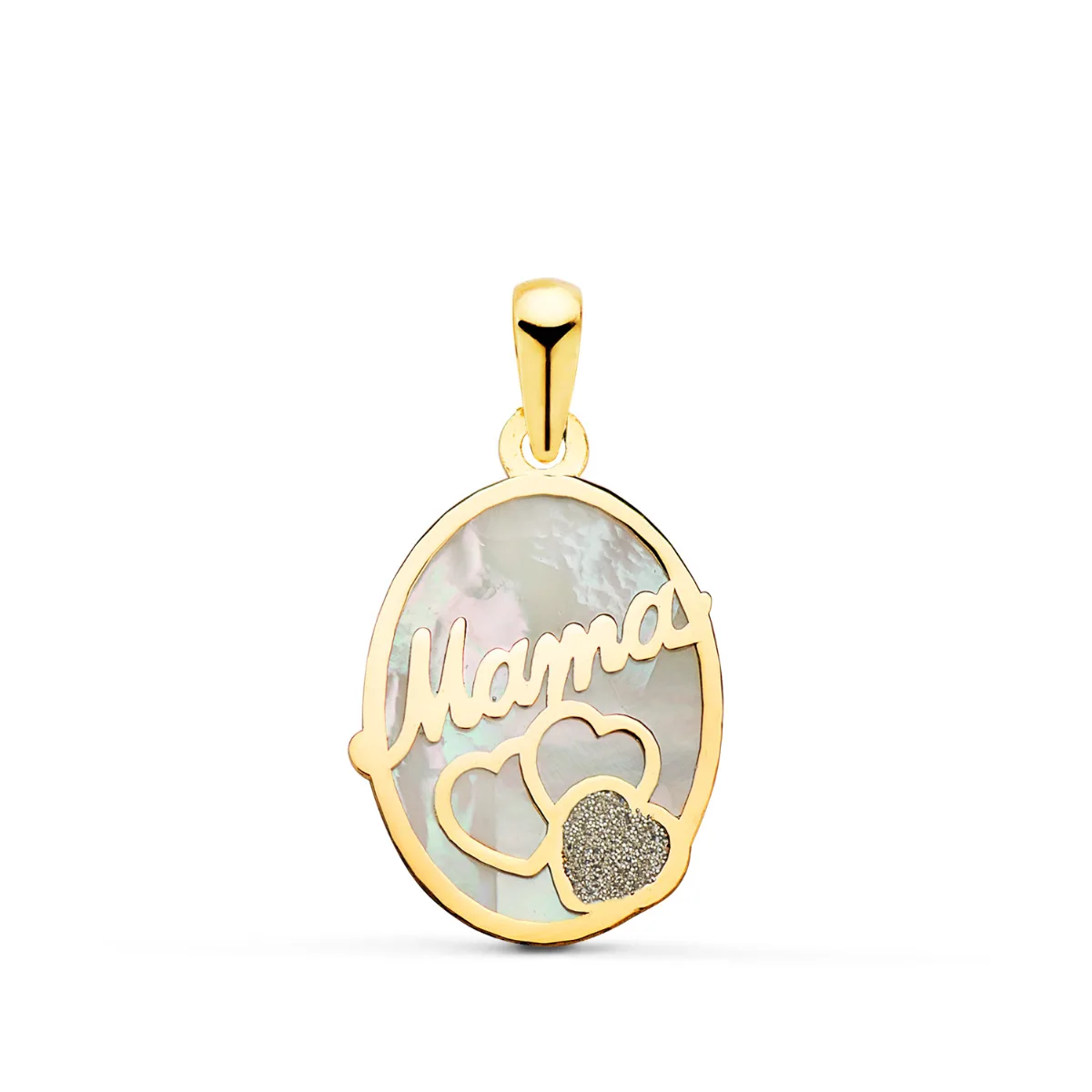 18K COLGANTE DE NACAR OVALORO AMARILLO MAMA CON CORAZONES Y POLVO DE DIAMANTE 17X13MM