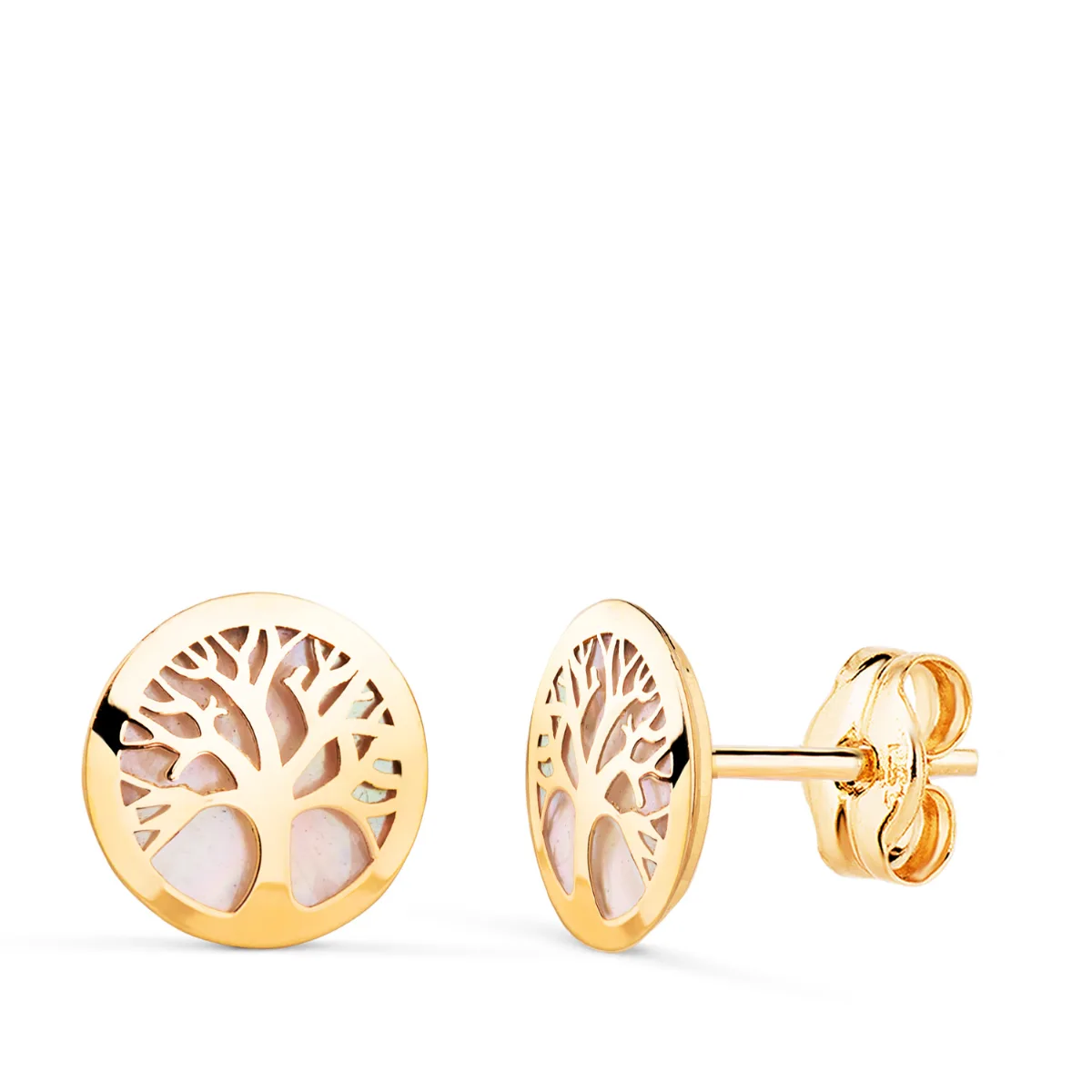 18K PENDIENTES ORO AMARILLO ARBOL DE LA VIDA CON NACAR. MEDIDA: 8 MM. CIERRE PRESION