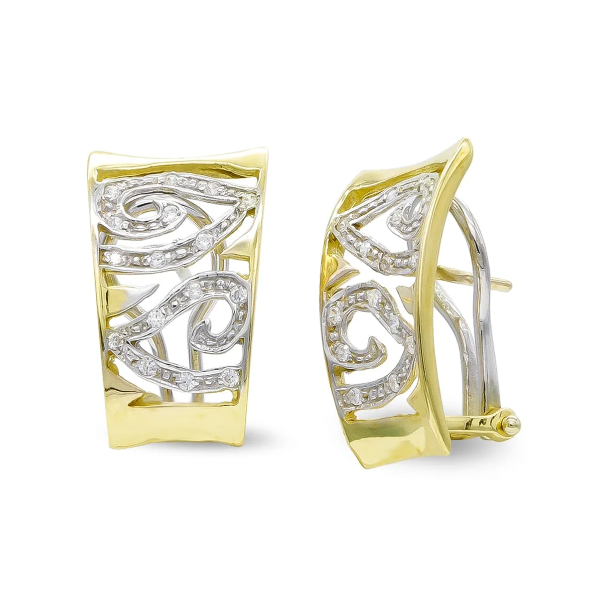 18K PENDIENTES ORO BICOLOR CON CIRCONITA CIERRE OMEGA