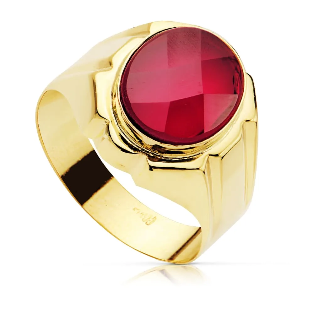 18K SELLO ORO AMARILLO HUECO CABALLERO RUBI SPINEL 12.5 X 10 MM