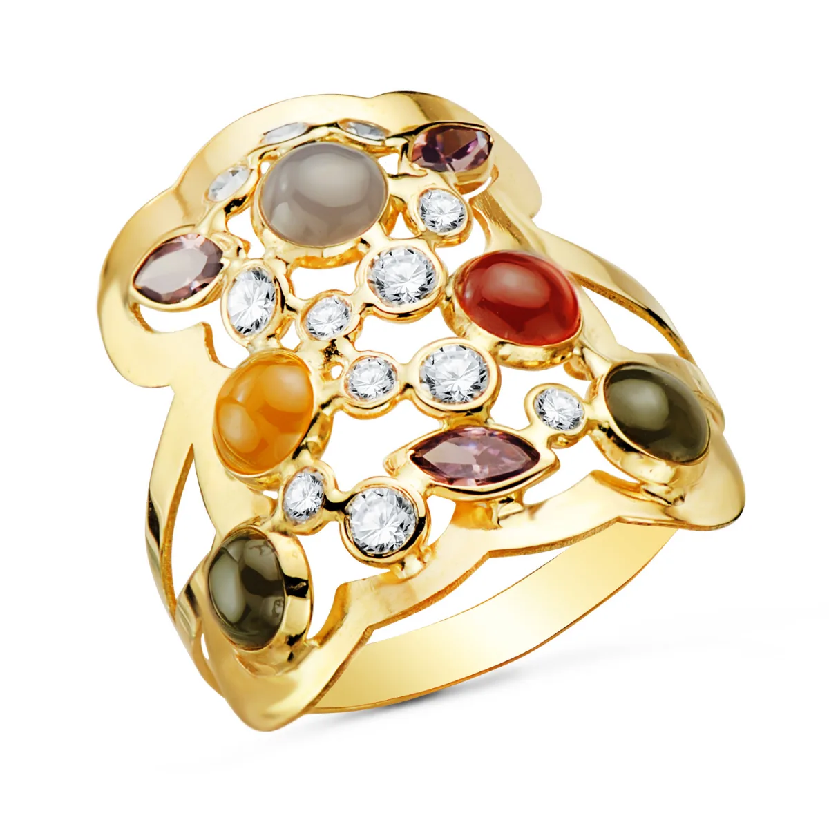 18K SORTIJA ORO AMARILLO LANZADERA OSO CON PIEDRAS COLOR. ANCHO: 19 MM