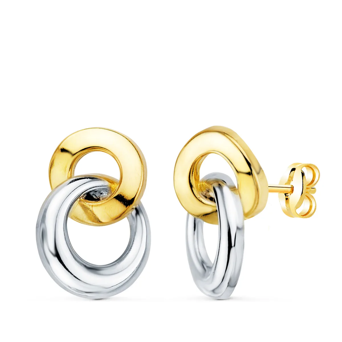 18K PENDIENTES ORO BICOLOR DOBLE ARO BRILLO 13 X 10 MM. CIERRE PRESION
