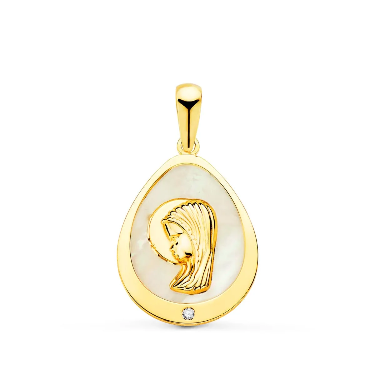 18K MEDALLA ORO AMARILLO VIRGEN NIÑA LAGRIMA CON NACAR Y CIRCONITA 15X12 MM