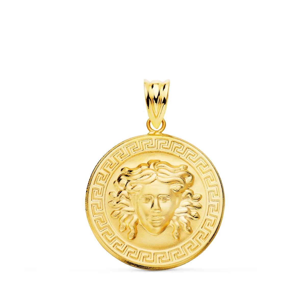 18K MEDALLA ORO AMARILLO MEDUSA CON BORDE DE GRECA MATIZADA 20 MM