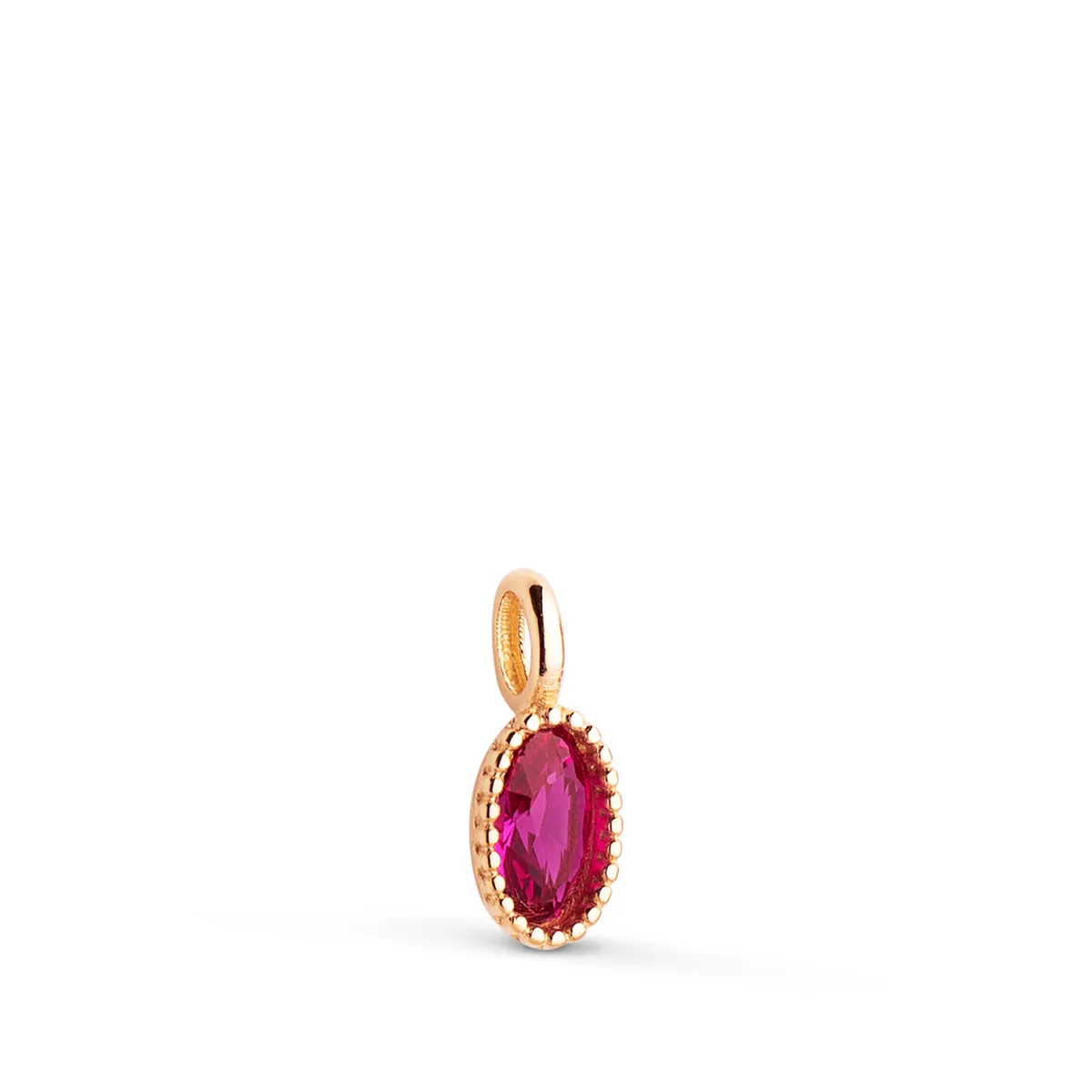 18K COLGANTE ORO AMARILLO OVAL PIEDRA ROJA BORDES BOLITAS. MEDIDA: 9 X 4MM