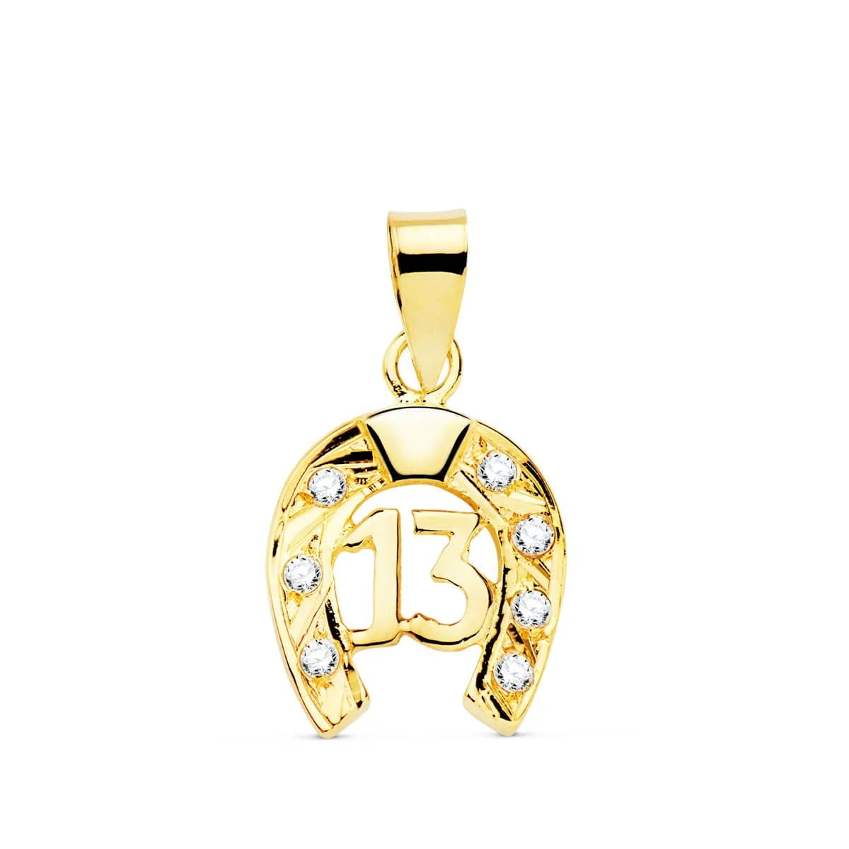 18K COLGANTE AMULETO ORO AMARILLO HERRADURA CON CIRCONITA Y Nº 13. 13X11 MM