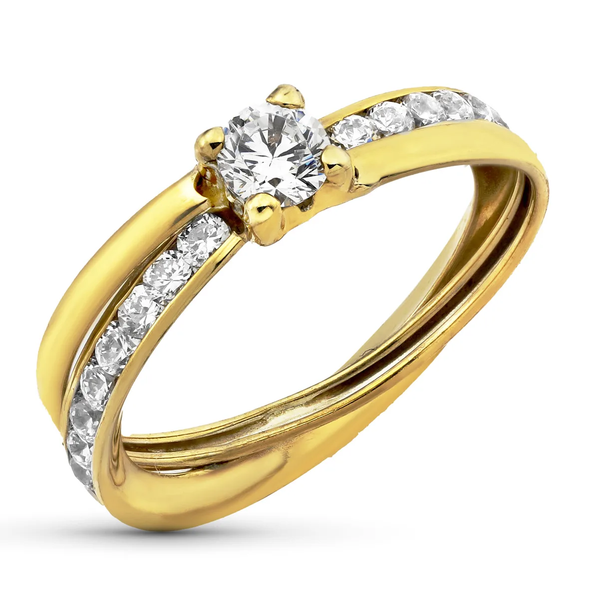 9K SORTIJA ORO AMARILLO BANDAS CON CIRCONITA EN GARRA DE 4MM Y CIRCONITAS EN CARRIL.