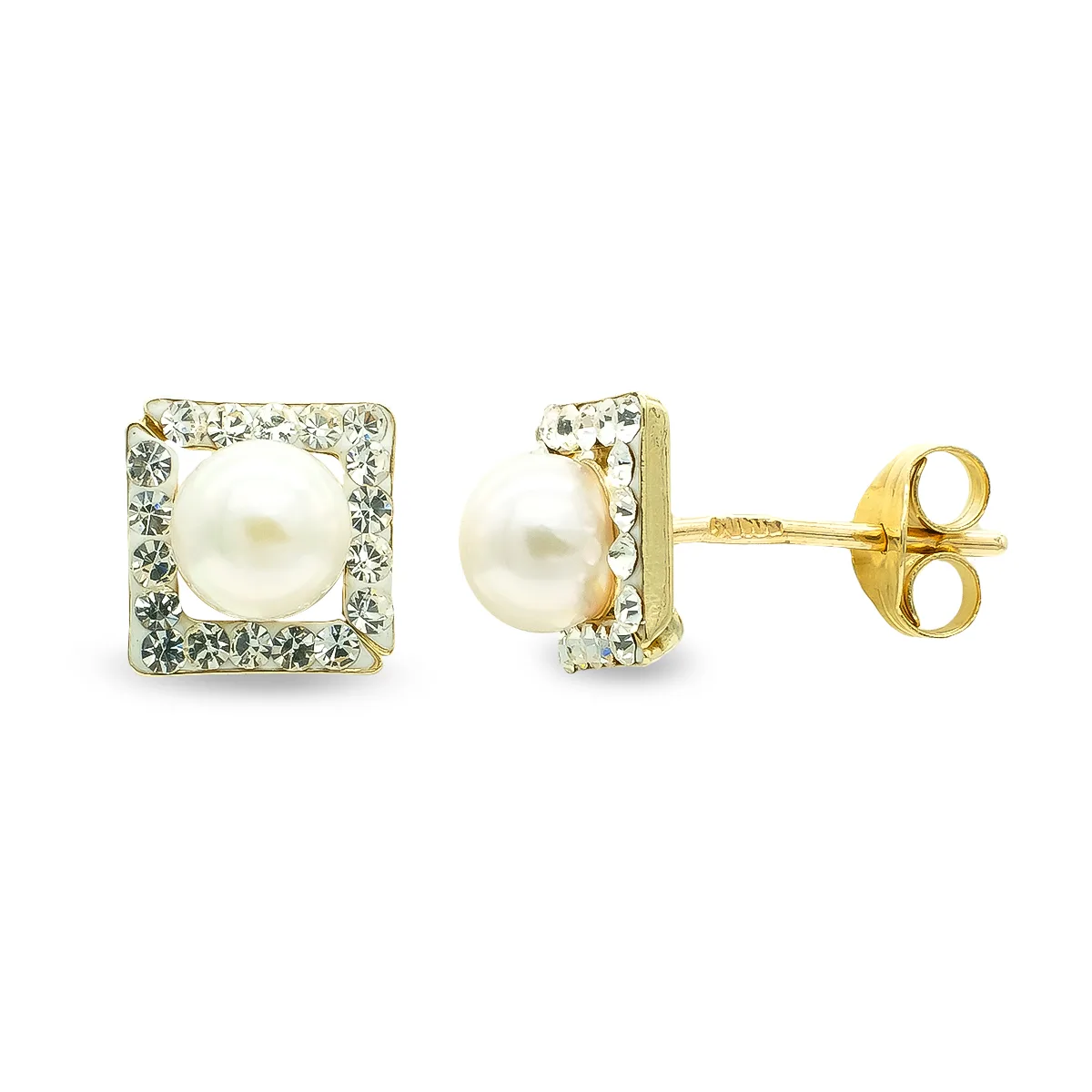 9K PENDIENTES ORO AMARILLO PERLA 4 MM Y CIRCONITA CIERRE PRESION