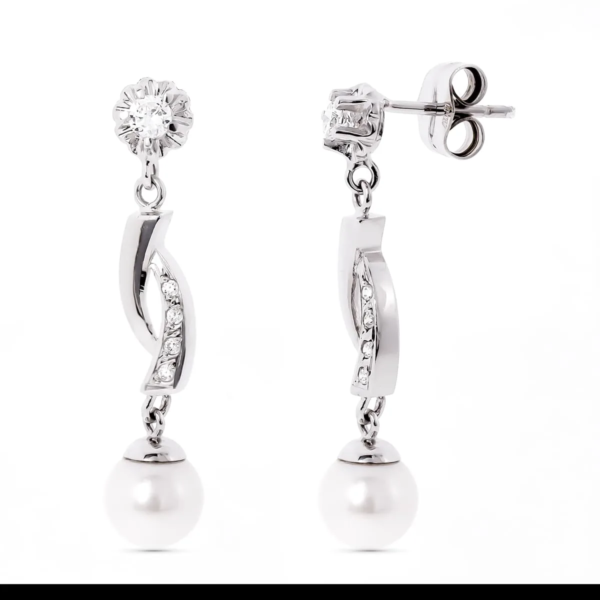 18K PENDIENTES ORO BLANCO Y PERLA CON GARRA DE CIRCONITA CIERRE PRESION