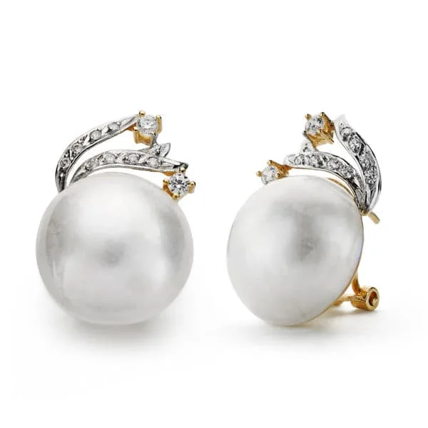 18K PENDIENTES ORO BICOLOR PERLA JAPONESA 15 MM RAMA CIERRE OMEGA