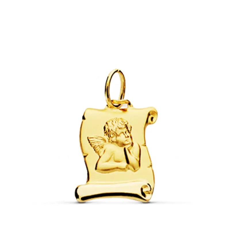 9K MEDALLA ORO AMARILLO COLGANTE PERGAMINO ANGELITO BURLON. 16X12 MM