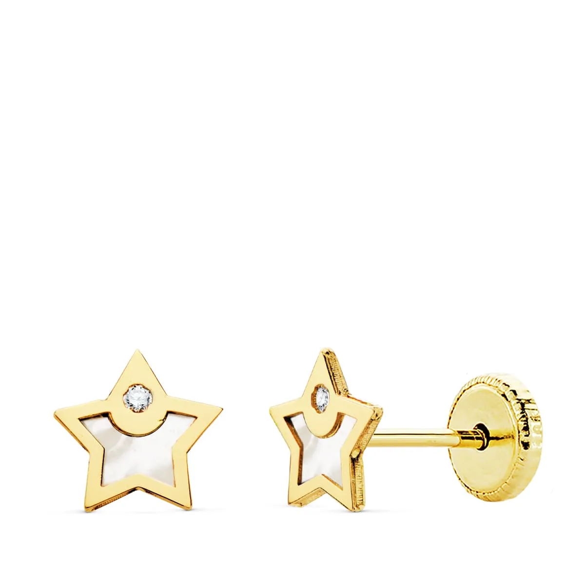 18K PENDIENTES ORO AMARILLO ESTRELLA NACAR Y CIRCONITA 6X6 MM CIERRE TUERCA