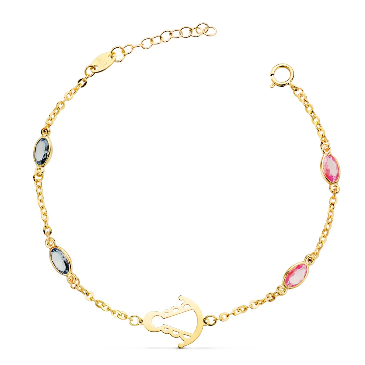 18K PULSERA ORO AMARILLO SILUETA VIRGEN ROCIO 14X11 MM CON CIRCONITAS ROSAS Y AZULES. LARGO: 15   3 CM