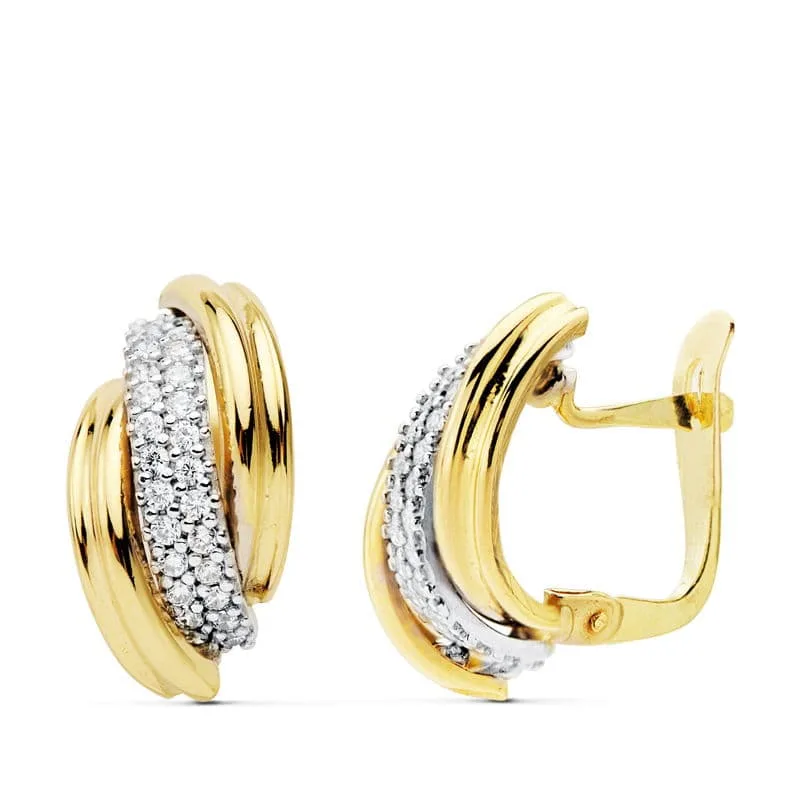 18K PENDIENTES ORO BICOLOR BANDAS 16X9 MM CIERRE CATALAN