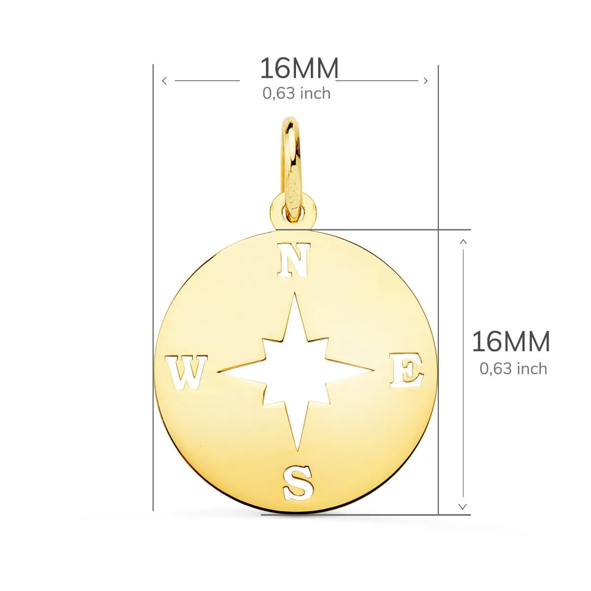 18K COLGANTE ORO AMARILLO ROSA DE LOS VIENTOS BRILLO Y CALADA 16 MM — vista 2