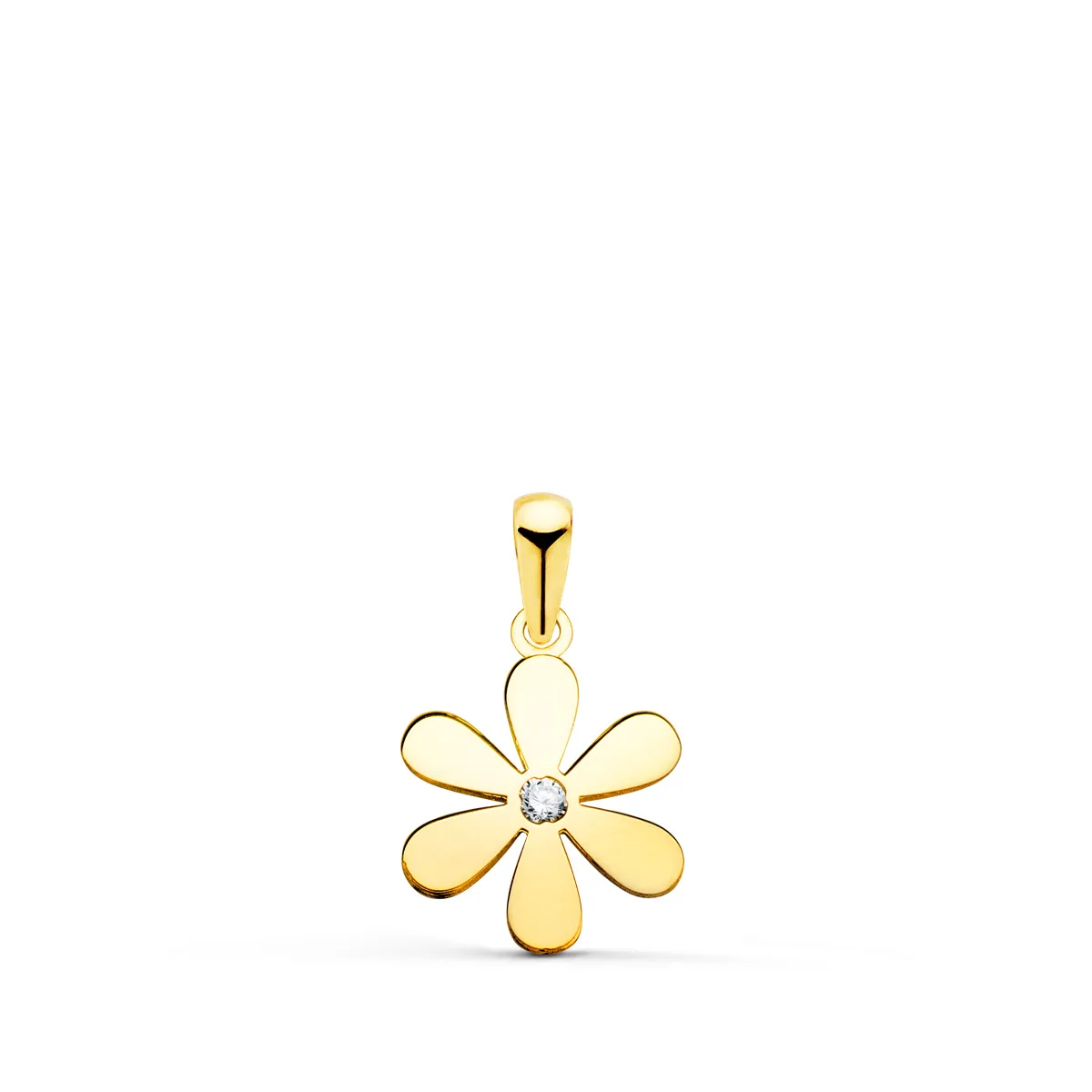 18K COLGANTE AMULETO ORO AMARILLO FLOR 6 PETALOS EN BRILLO CON CIRCONITA 14X11 MM