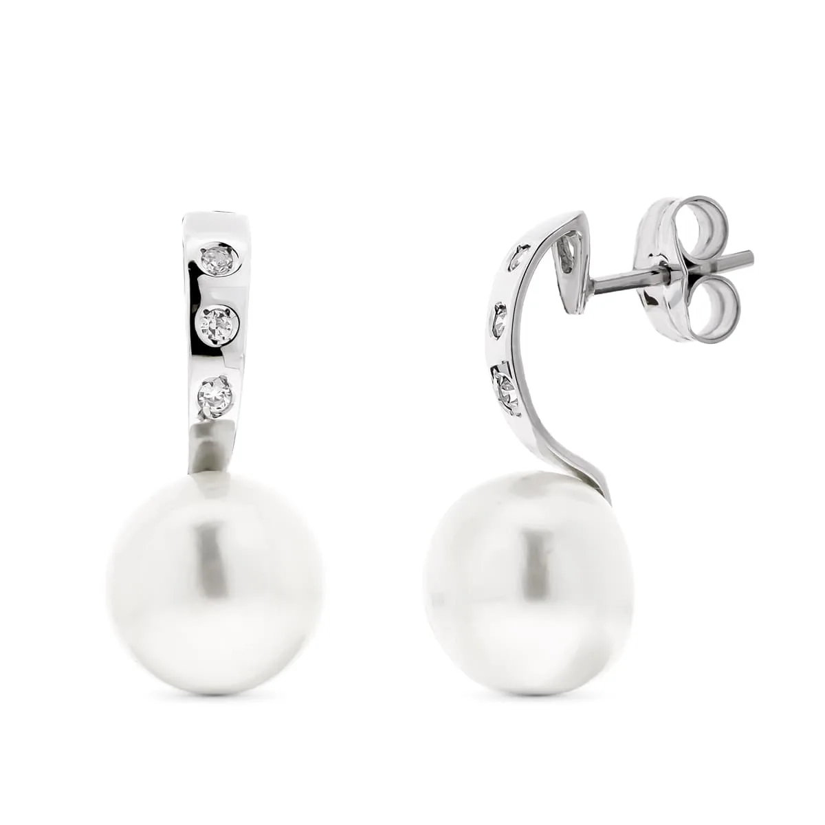 18K PENDIENTES ORO BLANCO PERLA BOTON Y CIRCONITA CIERRE PRESION