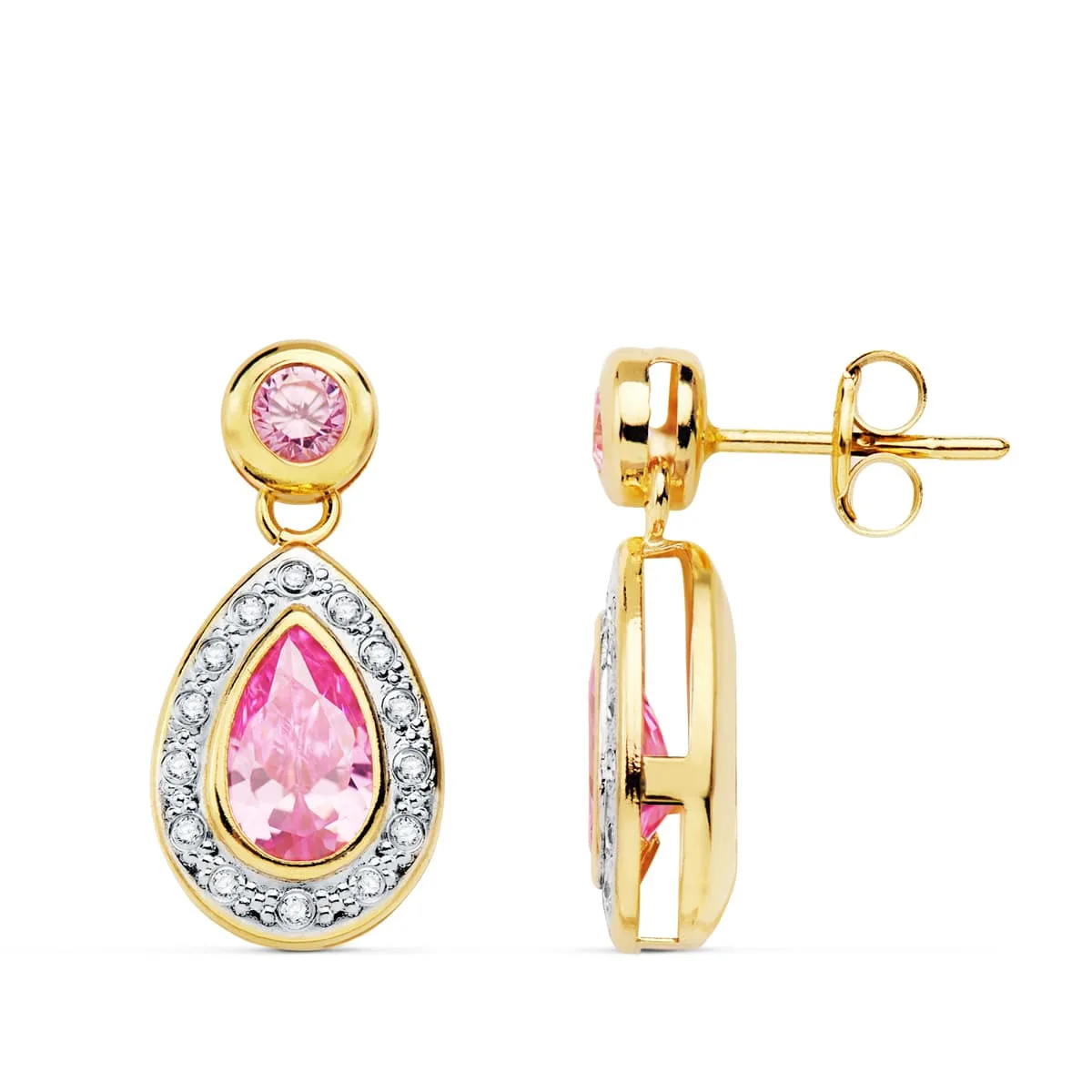 18K PENDIENTES ORO BICOLOR PIEDRAS ROSAS. 19X9 MM CIERRE PRESION