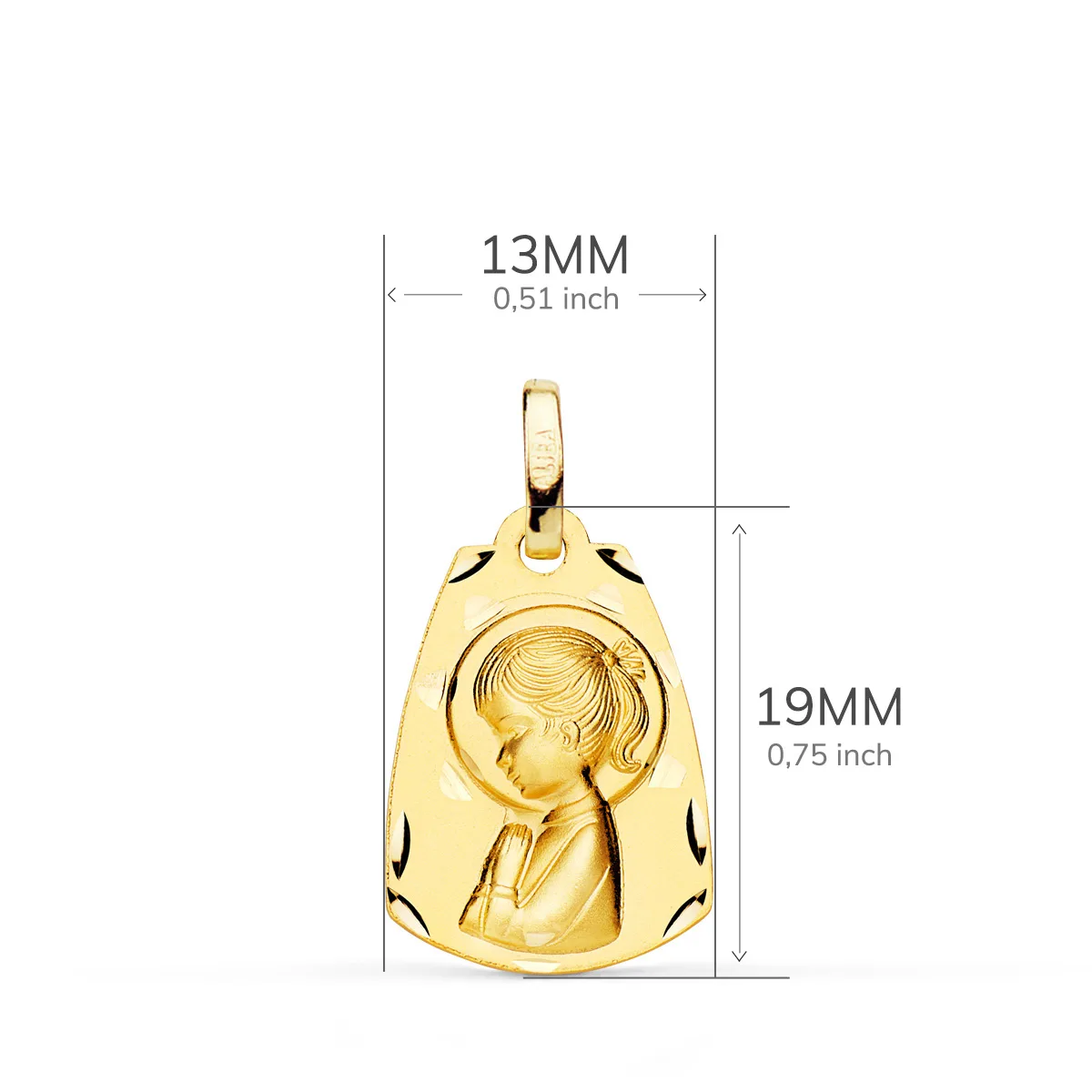 18K MEDALLA ORO AMARILLO CAPILLA VIRGEN NIÑA PERFIL MATIZADA. 19 X 13 MM — vista 2