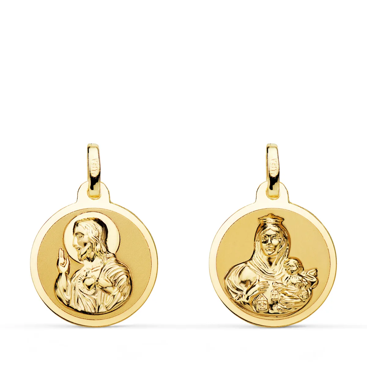 18K ESCAPULARIO ORO AMARILLO ORO AMARILLO BRILLO VIRGEN DEL CARMEN Y CORAZON DE JESUS 16 MM