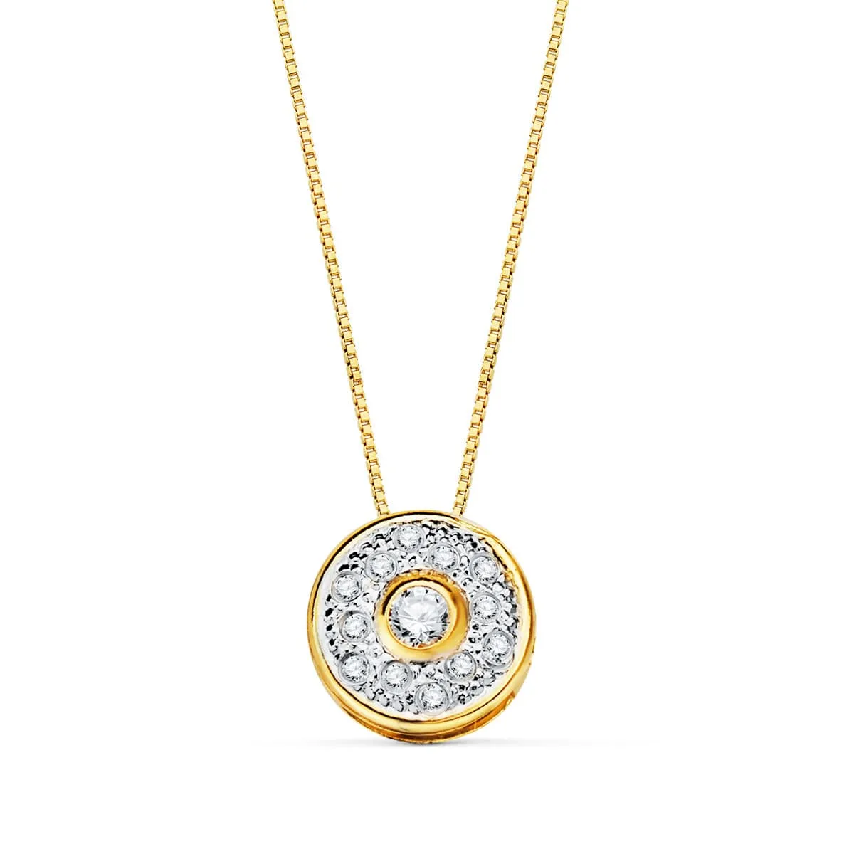 18K COLGANTE ORO BICOLOR REDONDO CON CIRCONITA 8 MM CADENA 42CM