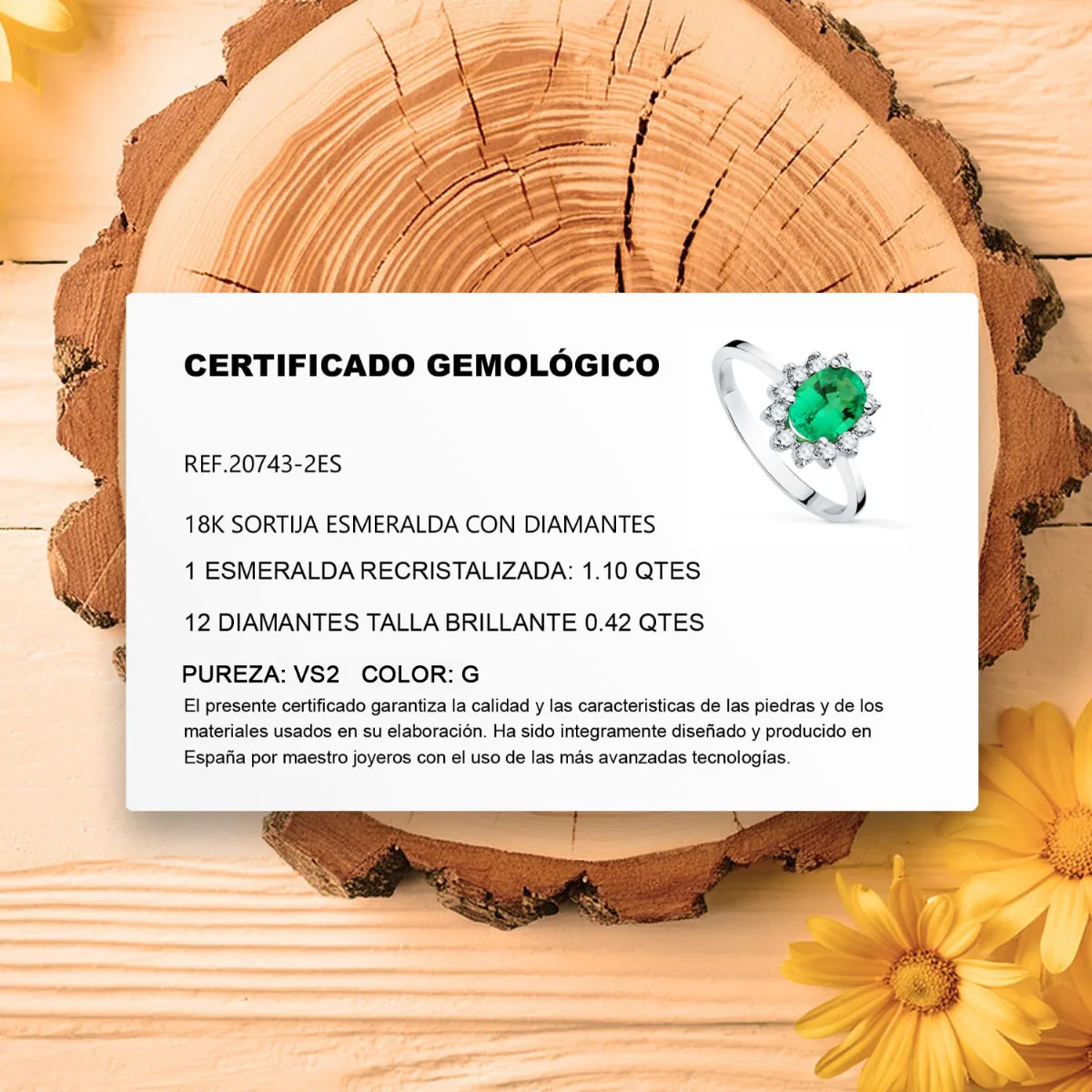 18K SORTIJA ORO BLANCO ESMERALDA RECRISTALIZADA  8X6 MM 1,10 QT. DIAMANTES DE LABORATORIO  0,42 QT VS2-G. — vista 3