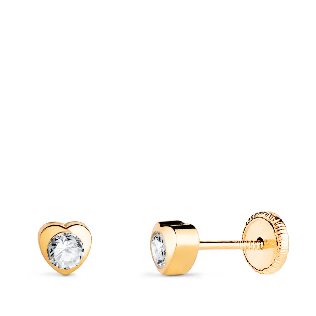 18K PENDIENTES ORO AMARILLO CHATON CORAZON CON CIRCONITA. MEDIDA: 4 X 4 MM CIERRE TUERCA