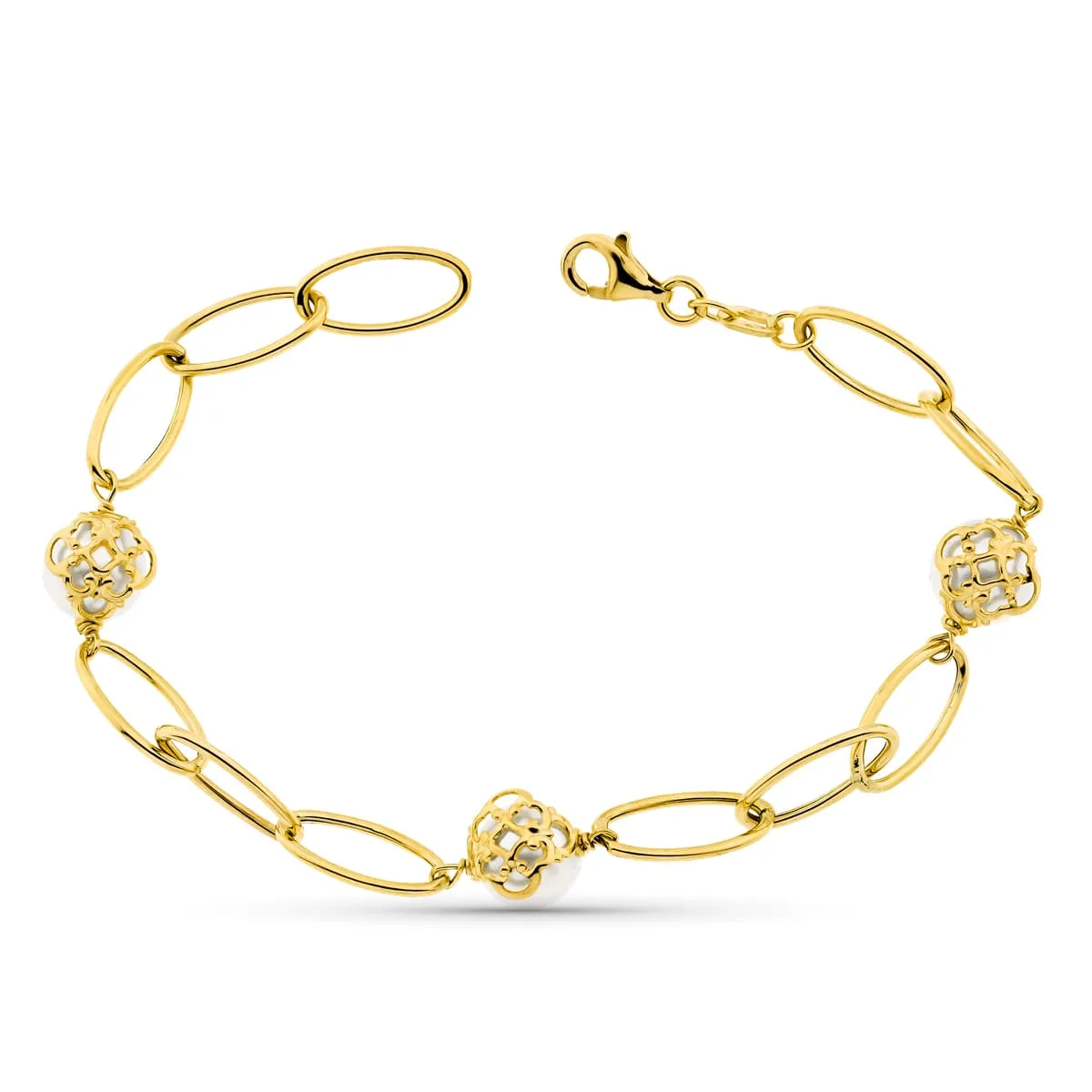 18K PULSERA ORO AMARILLO ENTREPIEZAS OVALES Y PERLA 8 MM