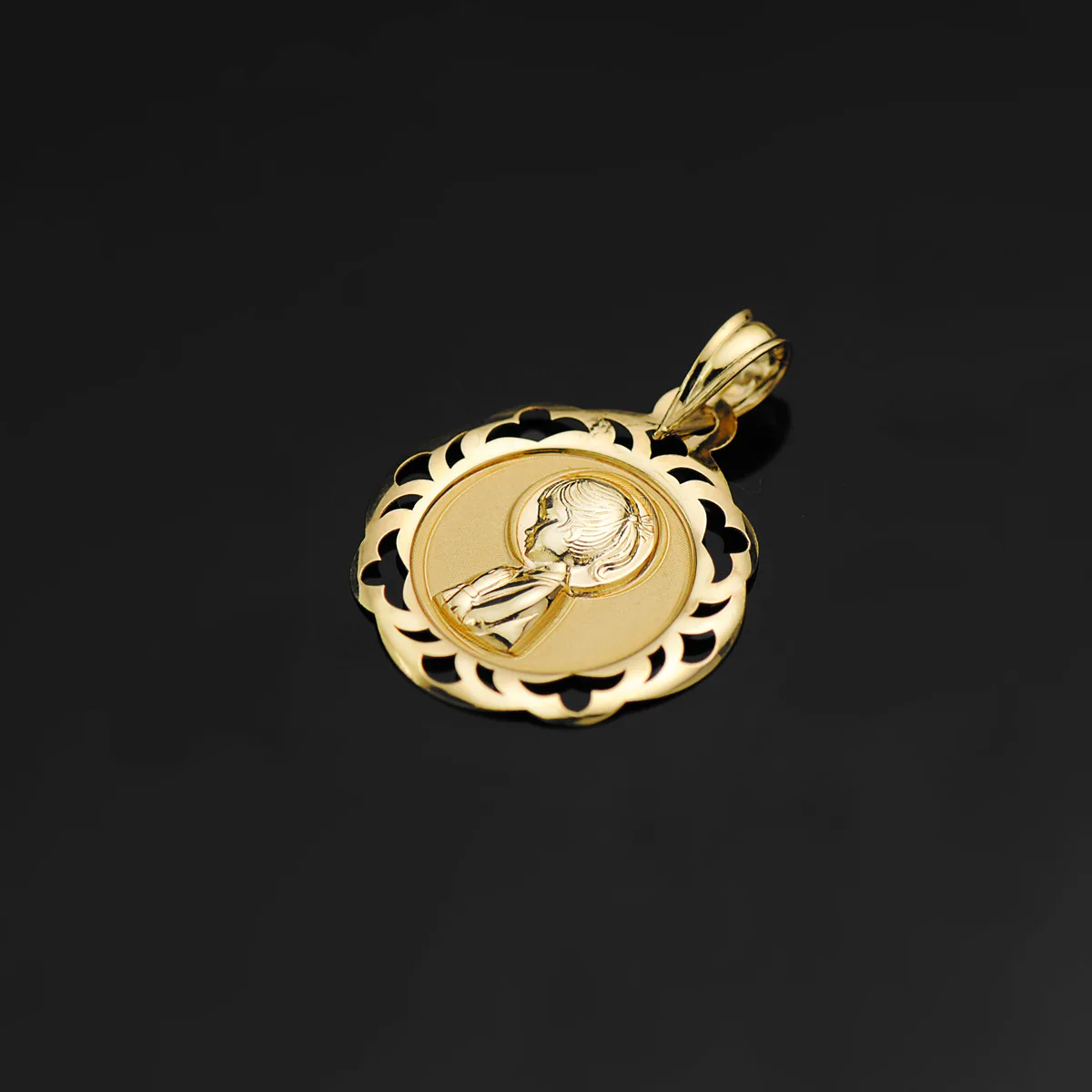 18K MEDALLA ORO AMARILLO VIRGEN NIÑA CERCO CALADO EN BRILLO 20X18 MM — vista 2
