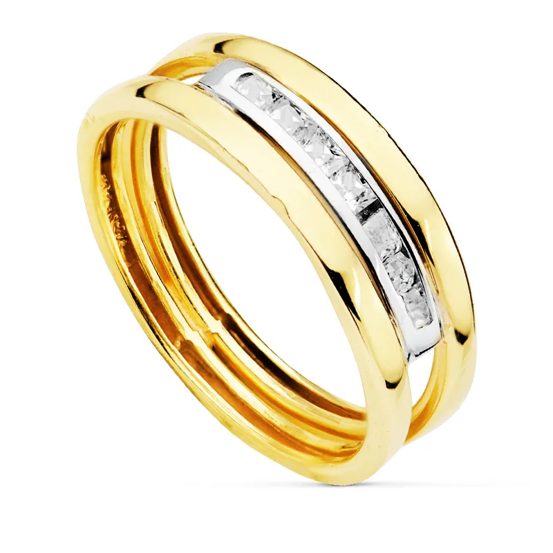 9K SORTIJA ORO BICOLOR DOBLE CUERPO BANDAS CON CIRCONITAS EN CARRIL. ANCHO:  6 MM